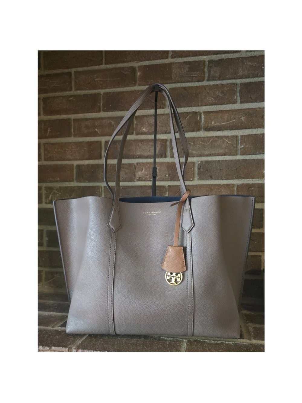 Tory Burch Taupe Leather Tote with Tan Charm
